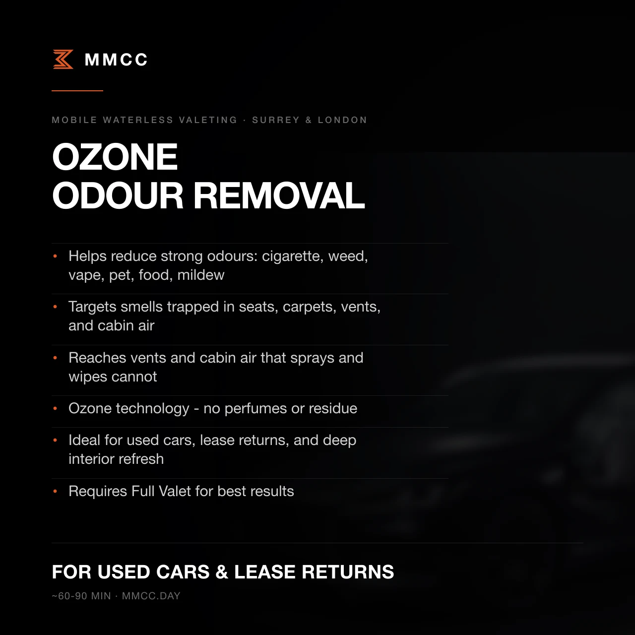 Élimination Professionnelle d'Odeurs à l'Ozone — MMCC® Service Mobile Londres & Surrey
