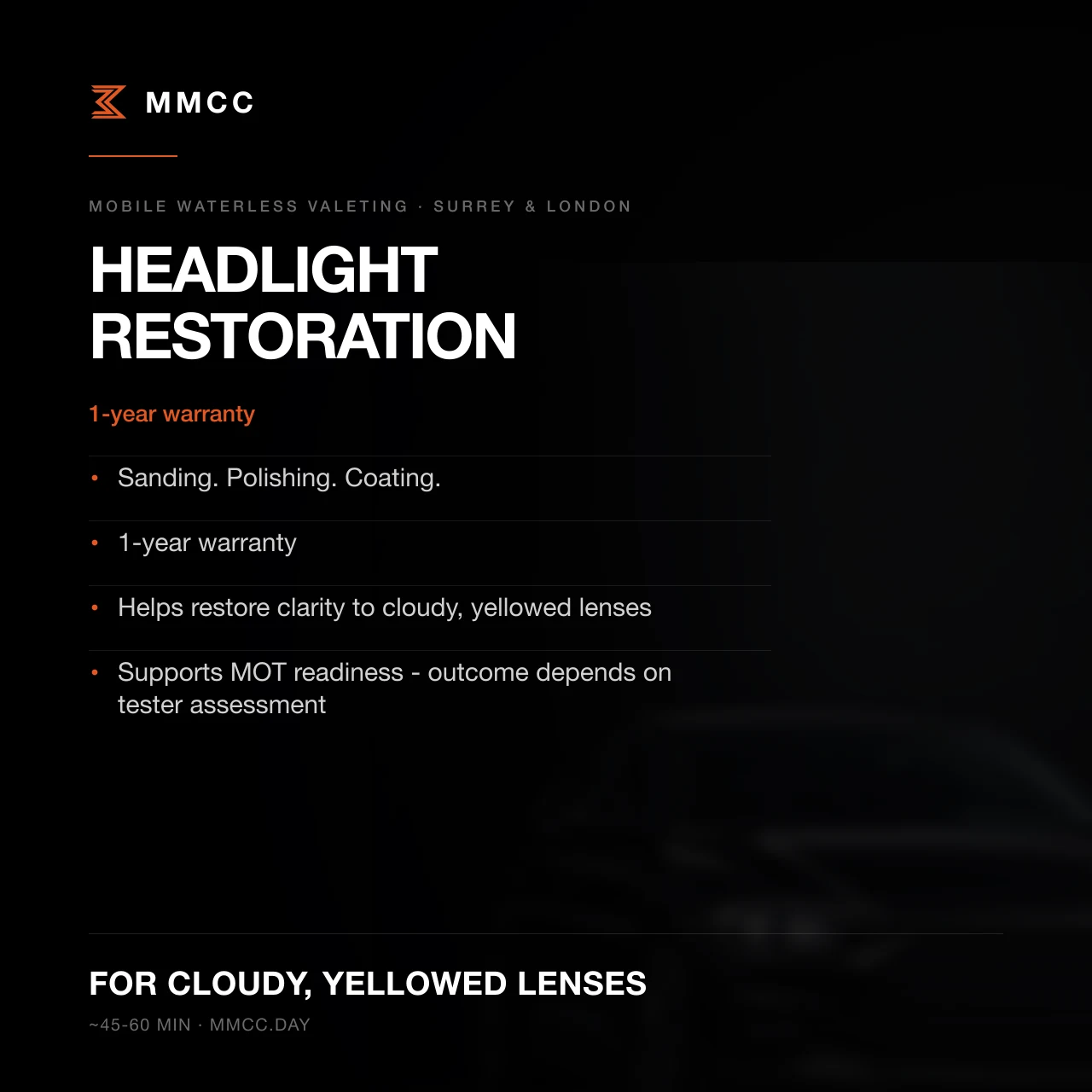 Professionelle Scheinwerferaufbereitung — MMCC® Mobiler Service London & Surrey