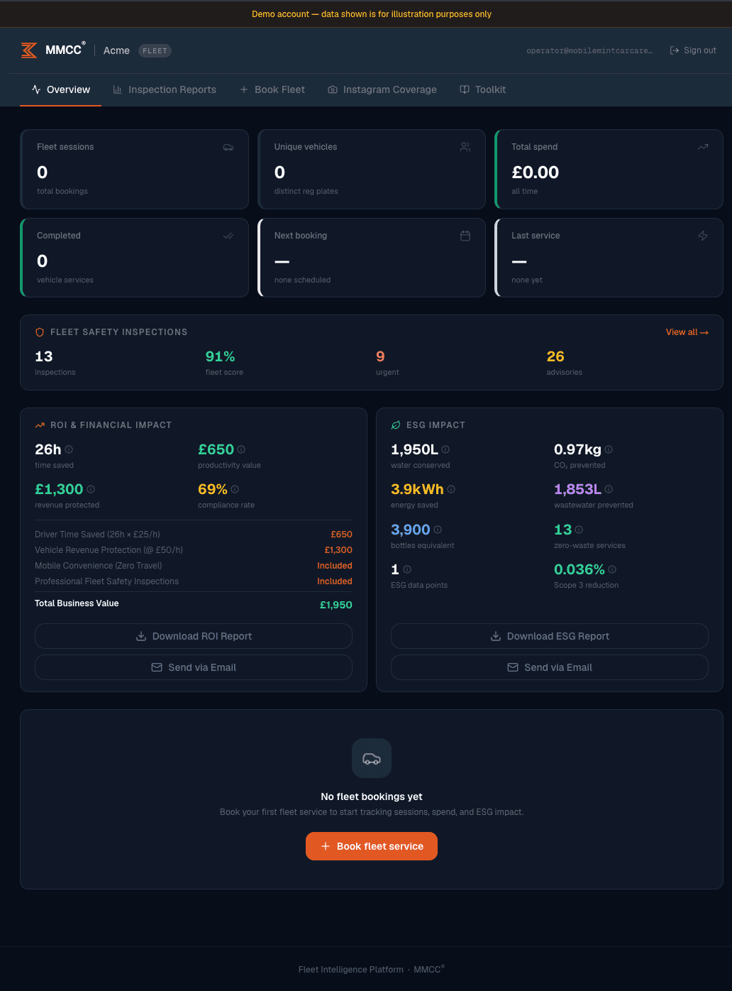 MMCC Fleet Insight Platform dashboard showing fleet condition and ESG-ready service data