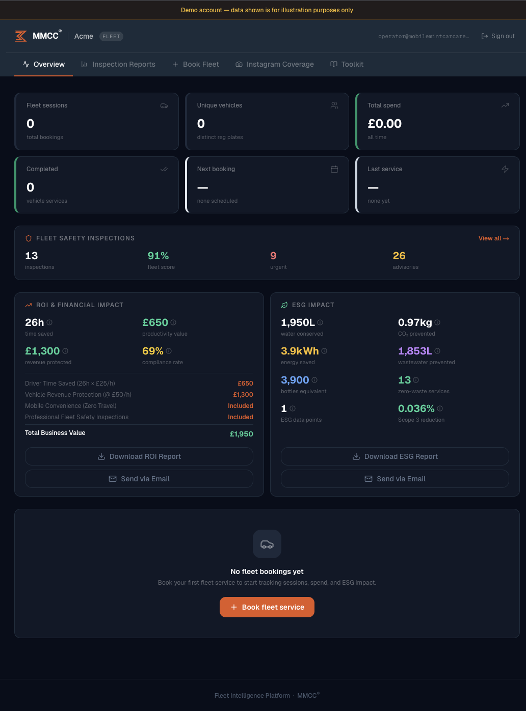 Filo durumuna genel bakış ve ESG verilerini gösteren MMCC Fleet Insight Platform panosu